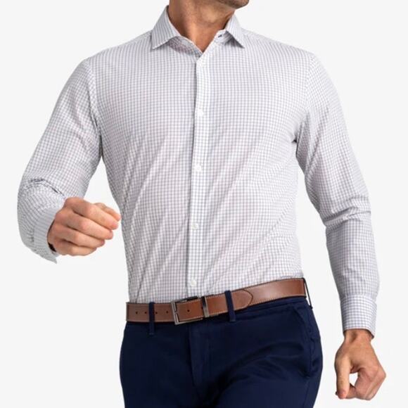 Mens Mizzen and Main Leeward Dress Shirt White Navy Mini Grid Size L EUC! - Picture 1 of 3